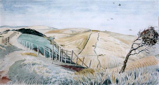 Guy Mallett (1900-1973) Birds wheeling over South Downs 11 x 21in.